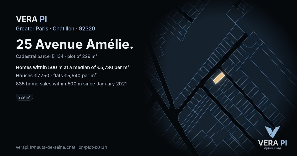 25 Avenue Amélie, Châtillon at night – the plot lit, the parcels around coloured by the prices near them