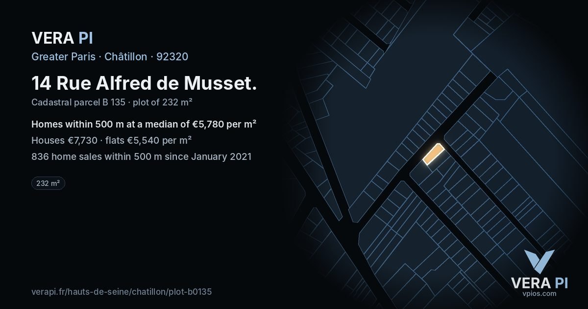 14 Rue Alfred de Musset, Châtillon at night – the plot lit, the parcels around coloured by the prices near them