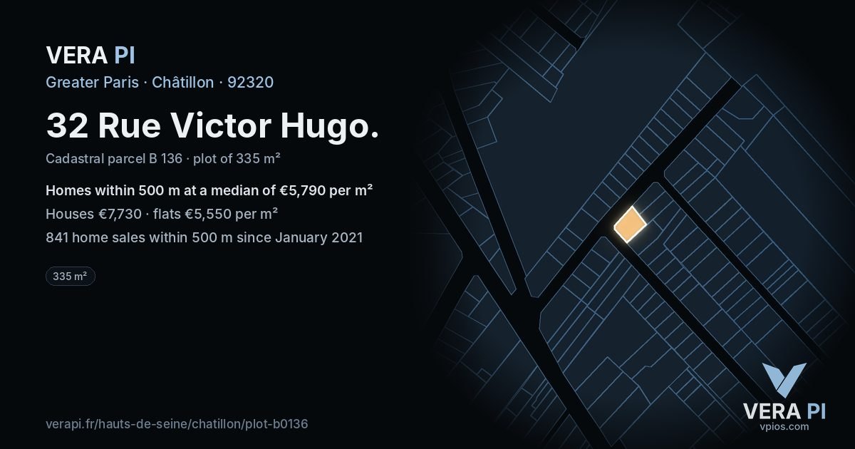 32 Rue Victor Hugo, Châtillon at night – the plot lit, the parcels around coloured by the prices near them