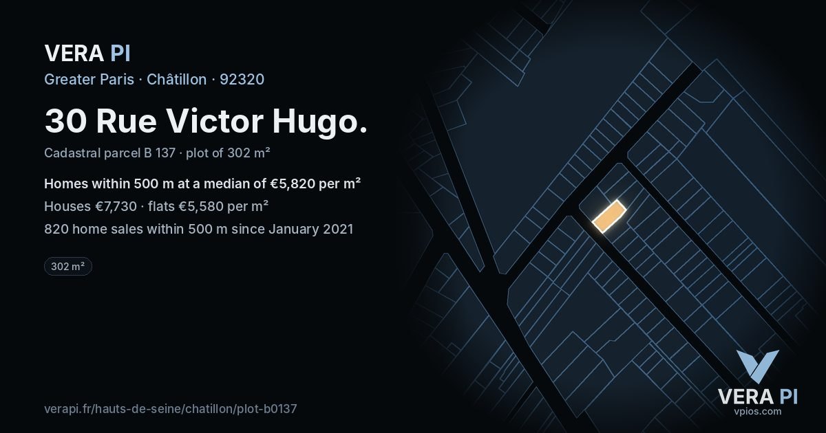 30 Rue Victor Hugo, Châtillon at night – the plot lit, the parcels around coloured by the prices near them