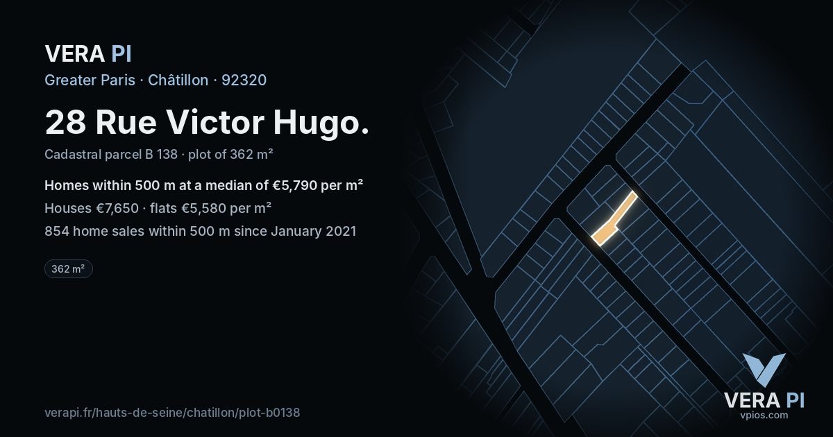 28 Rue Victor Hugo, Châtillon at night – the plot lit, the parcels around coloured by the prices near them
