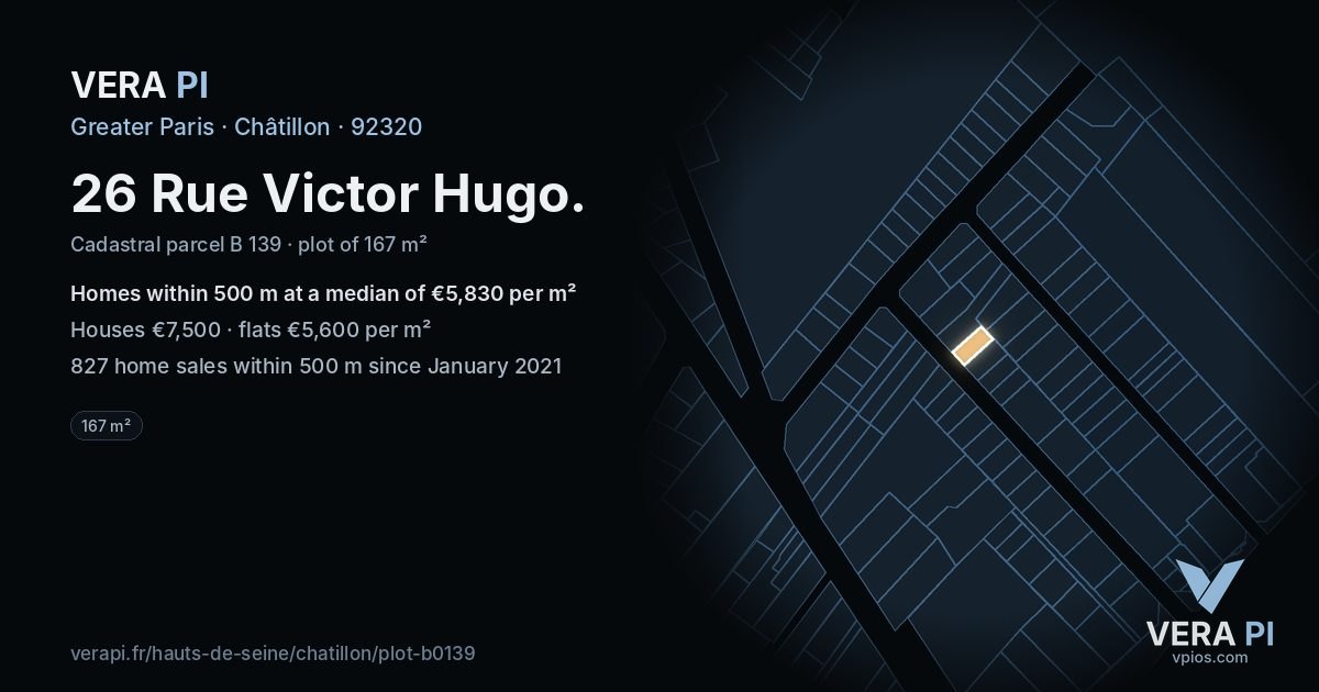 26 Rue Victor Hugo, Châtillon at night – the plot lit, the parcels around coloured by the prices near them