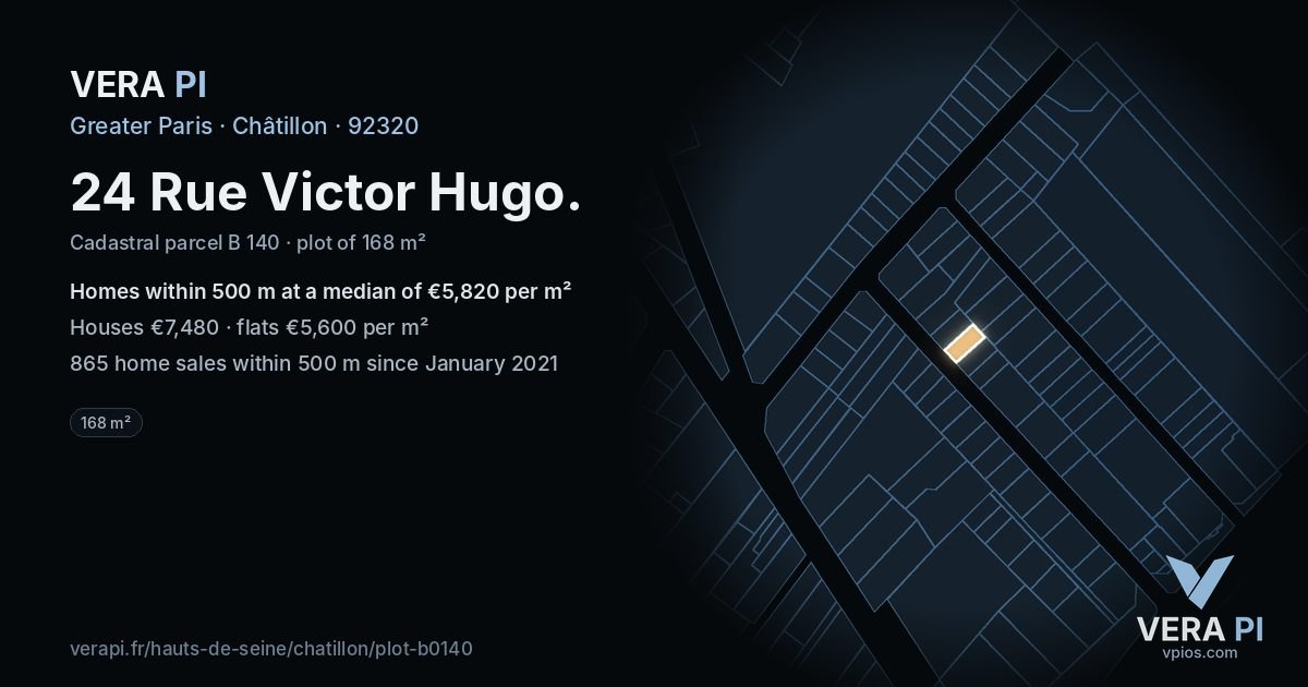 24 Rue Victor Hugo, Châtillon at night – the plot lit, the parcels around coloured by the prices near them
