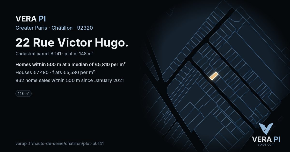 22 Rue Victor Hugo, Châtillon at night – the plot lit, the parcels around coloured by the prices near them