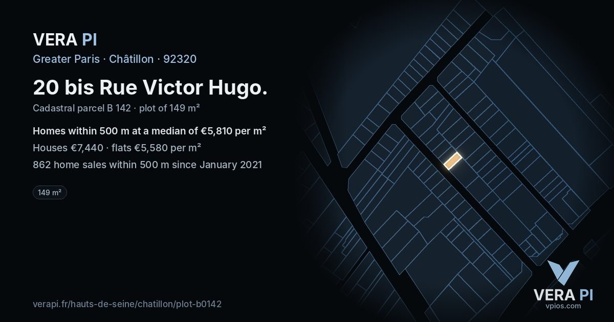 20 bis Rue Victor Hugo, Châtillon at night – the plot lit, the parcels around coloured by the prices near them