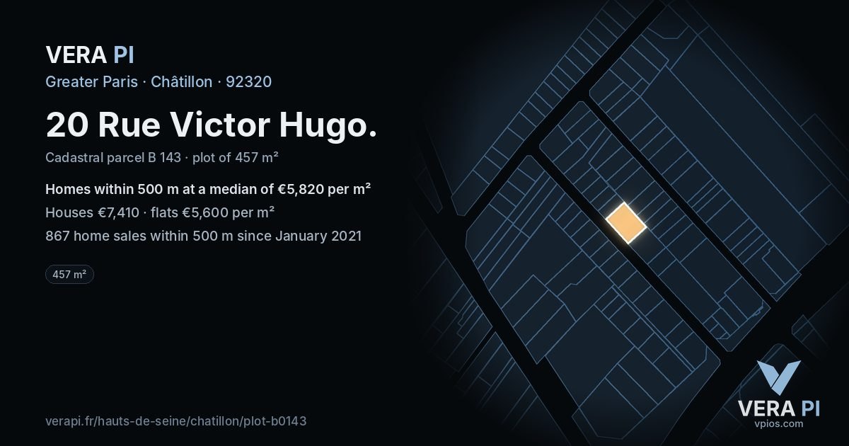 20 Rue Victor Hugo, Châtillon at night – the plot lit, the parcels around coloured by the prices near them