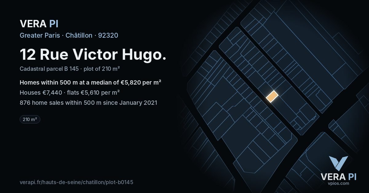 12 Rue Victor Hugo, Châtillon at night – the plot lit, the parcels around coloured by the prices near them
