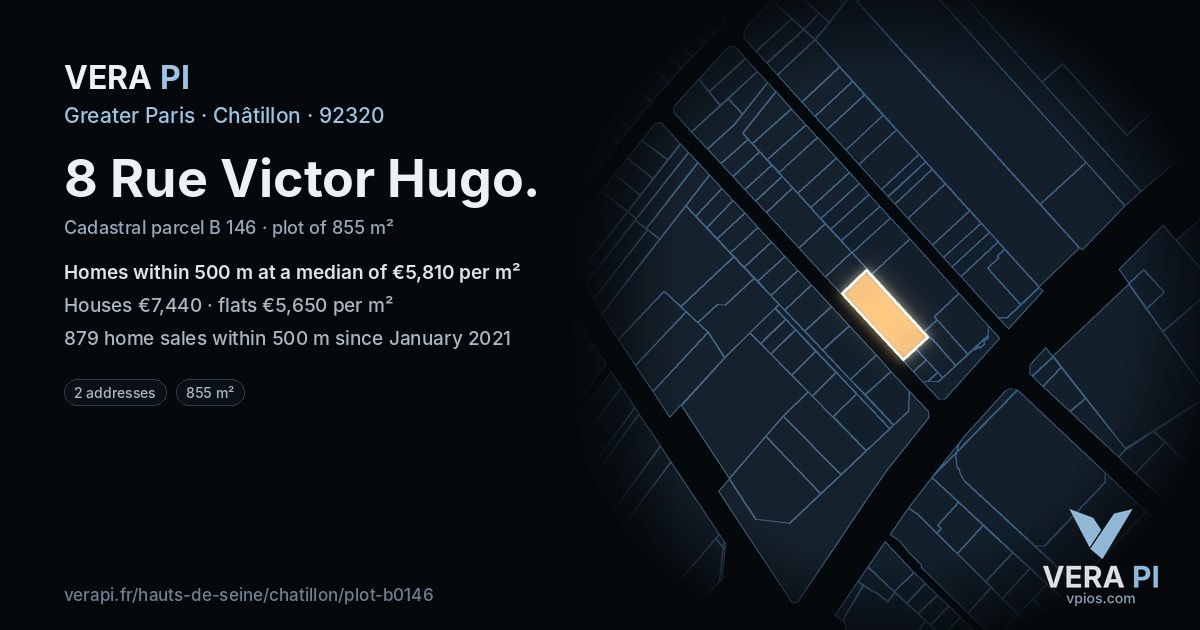 8 Rue Victor Hugo, Châtillon at night – the plot lit, the parcels around coloured by the prices near them
