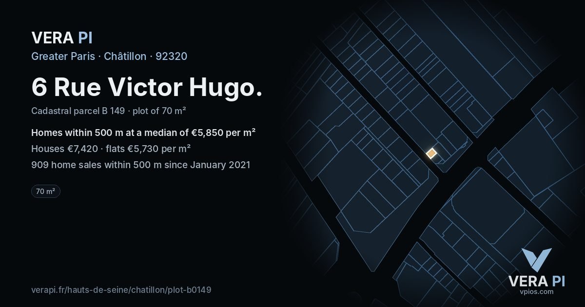 6 Rue Victor Hugo, Châtillon at night – the plot lit, the parcels around coloured by the prices near them