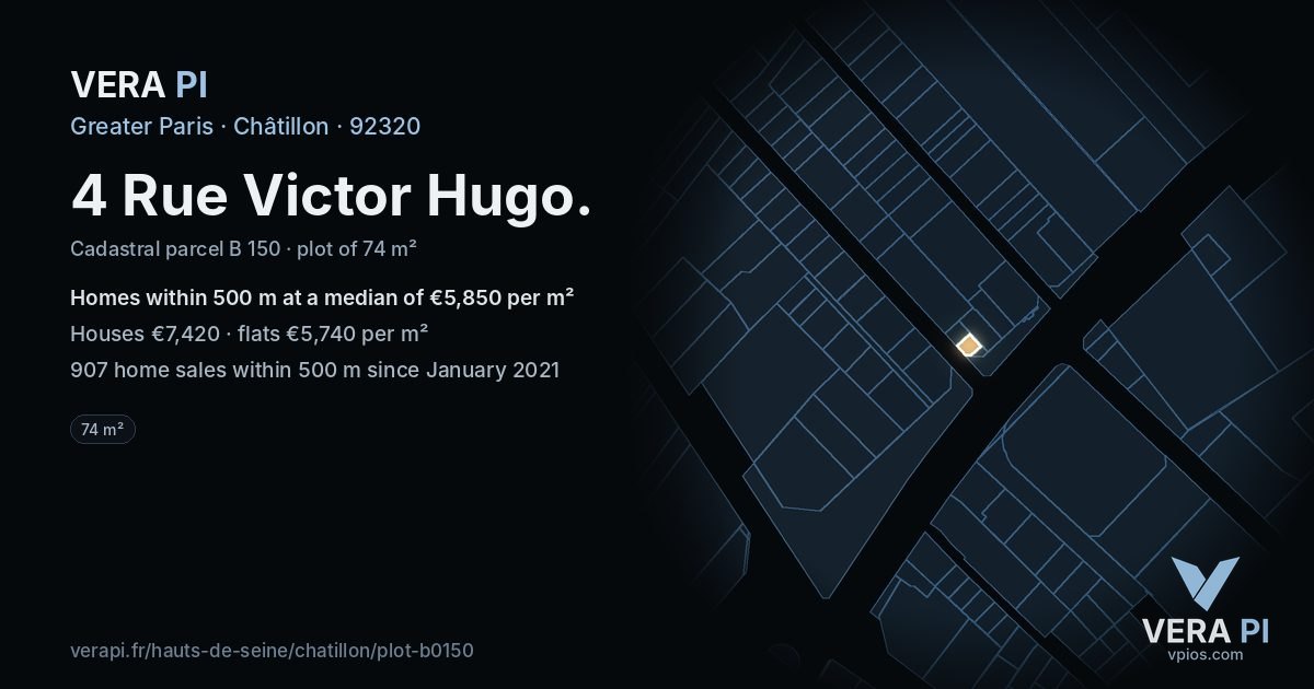 4 Rue Victor Hugo, Châtillon at night – the plot lit, the parcels around coloured by the prices near them