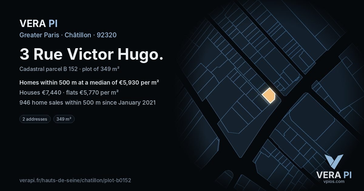 3 Rue Victor Hugo, Châtillon at night – the plot lit, the parcels around coloured by the prices near them