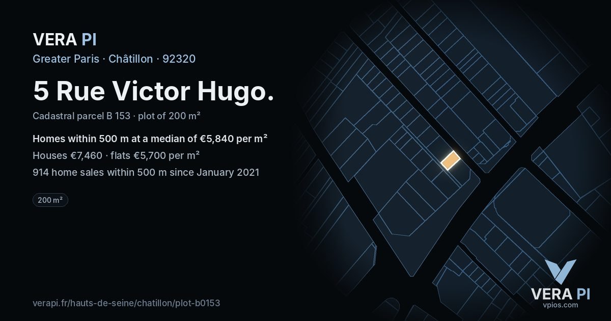 5 Rue Victor Hugo, Châtillon at night – the plot lit, the parcels around coloured by the prices near them