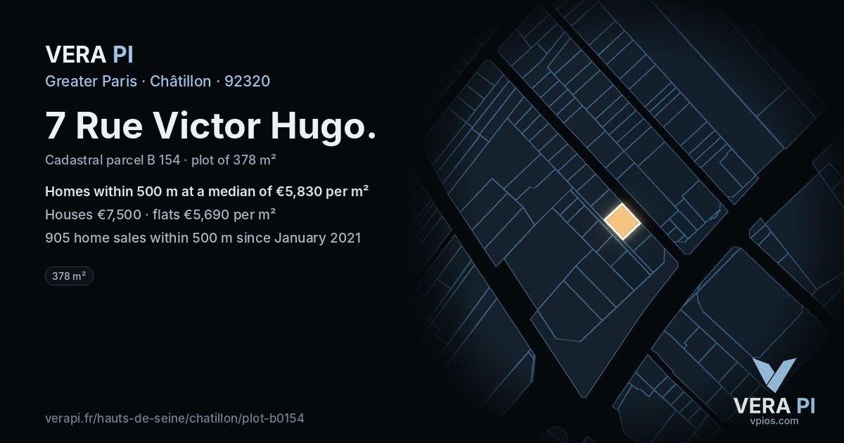 7 Rue Victor Hugo, Châtillon at night – the plot lit, the parcels around coloured by the prices near them