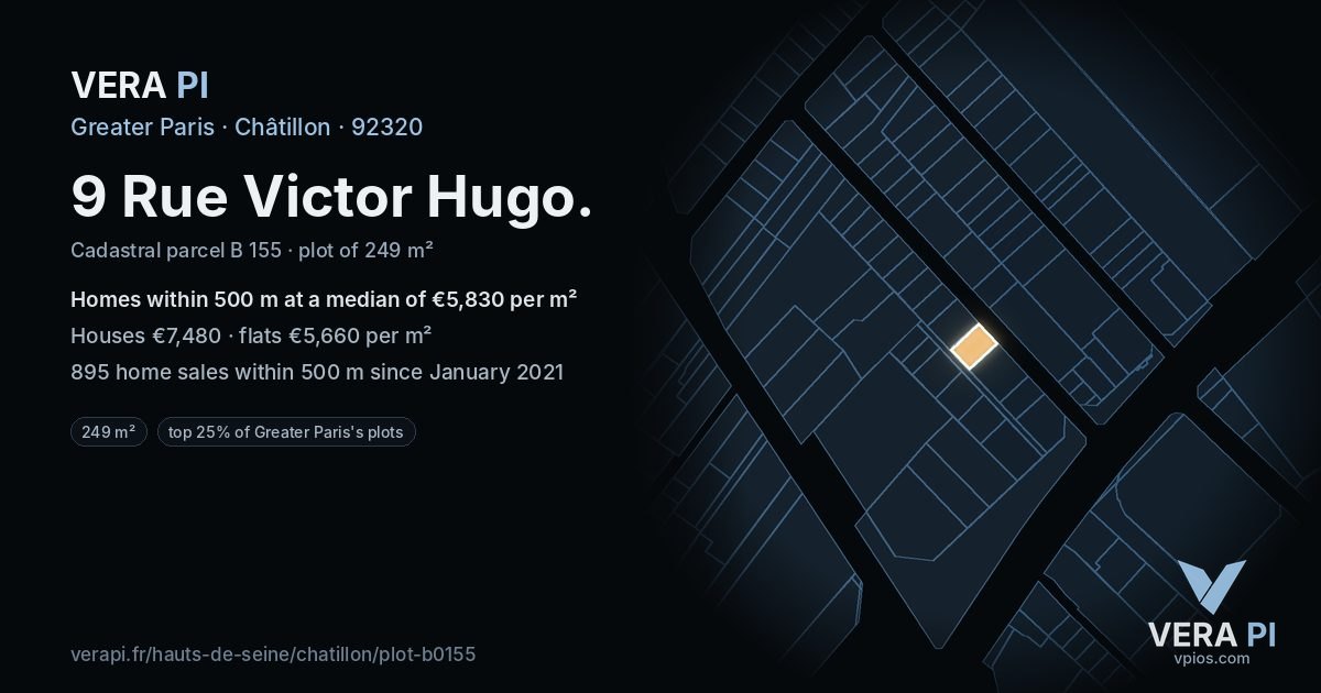 9 Rue Victor Hugo, Châtillon at night – the plot lit, the parcels around coloured by the prices near them