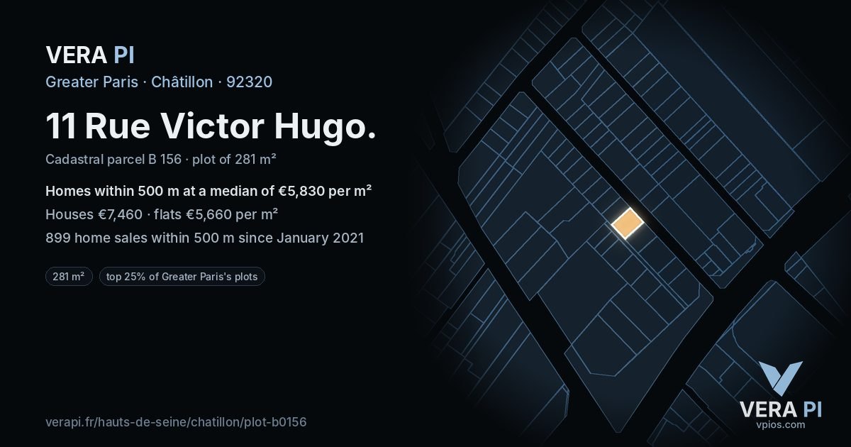 11 Rue Victor Hugo, Châtillon at night – the plot lit, the parcels around coloured by the prices near them