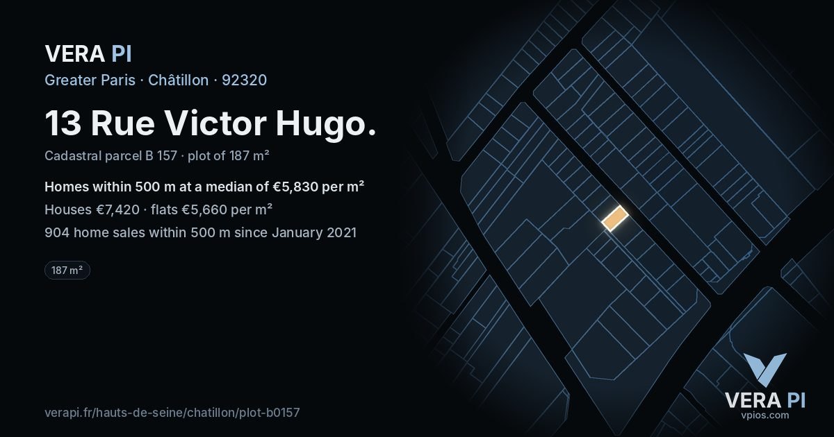 13 Rue Victor Hugo, Châtillon at night – the plot lit, the parcels around coloured by the prices near them