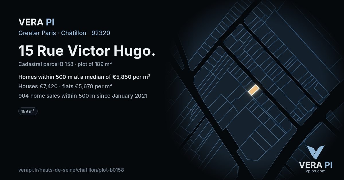 15 Rue Victor Hugo, Châtillon at night – the plot lit, the parcels around coloured by the prices near them