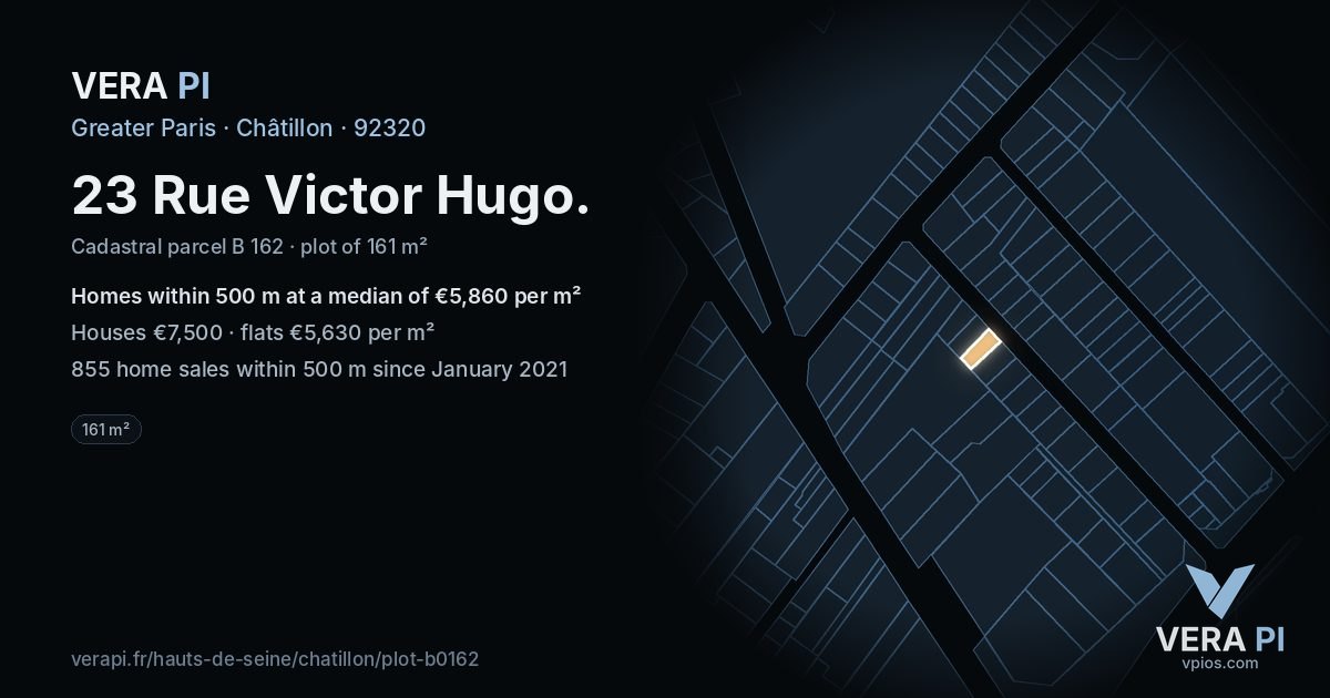 23 Rue Victor Hugo, Châtillon at night – the plot lit, the parcels around coloured by the prices near them