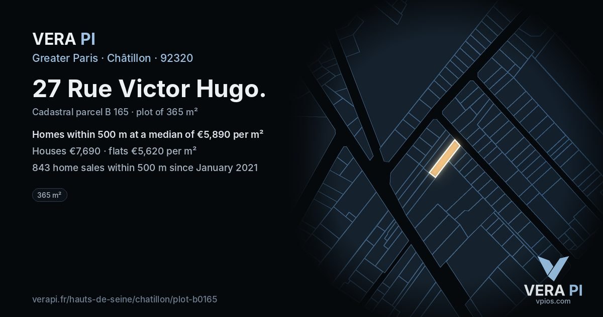 27 Rue Victor Hugo, Châtillon at night – the plot lit, the parcels around coloured by the prices near them
