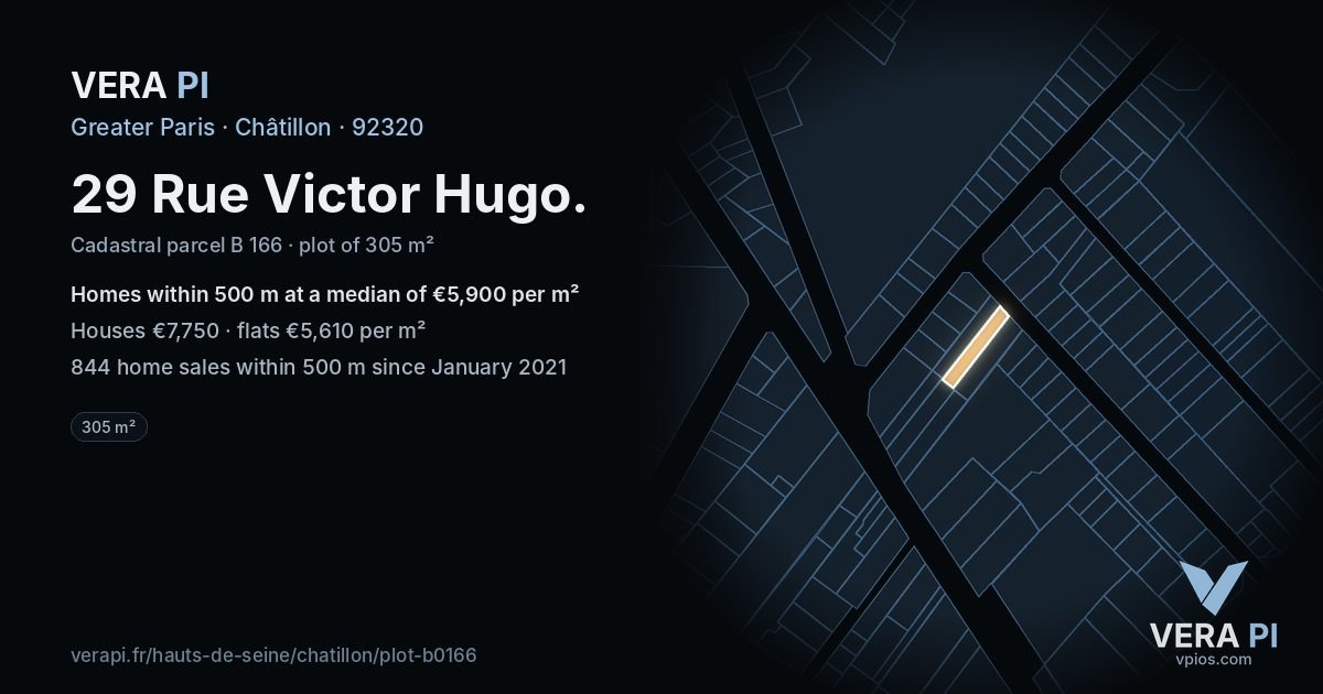 29 Rue Victor Hugo, Châtillon at night – the plot lit, the parcels around coloured by the prices near them