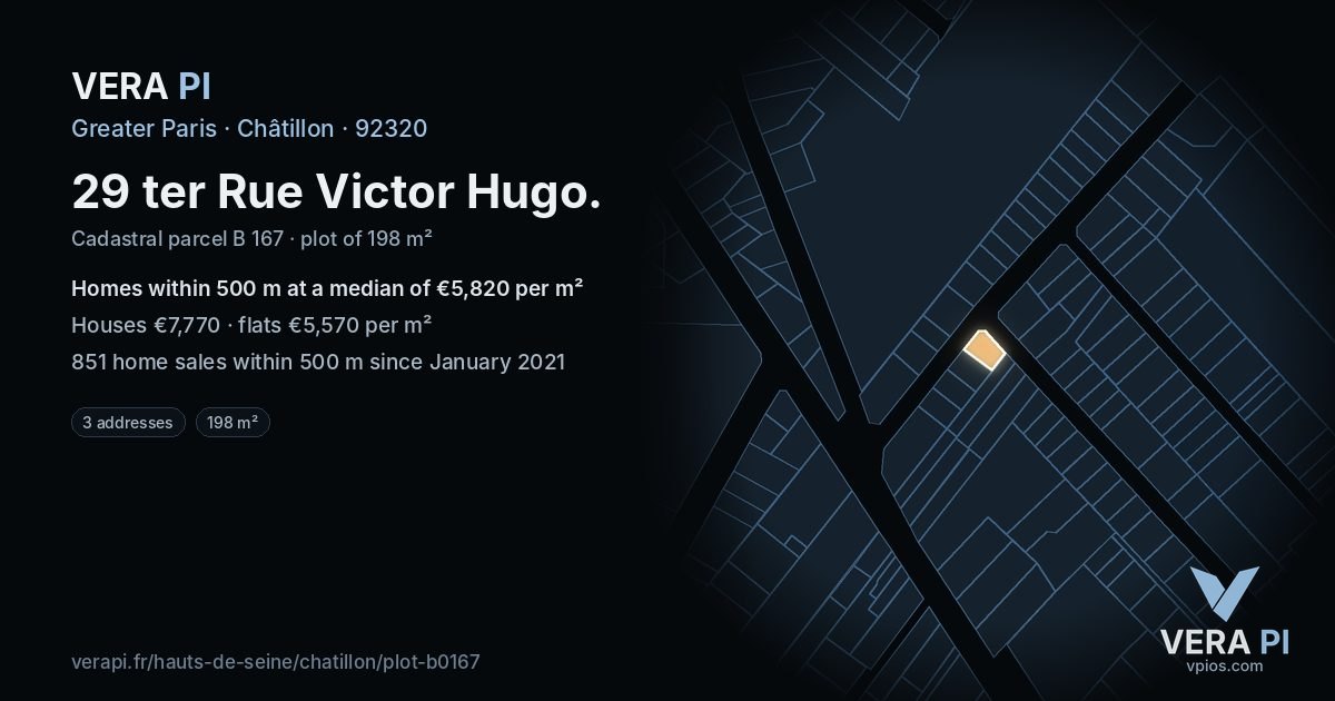 29 ter Rue Victor Hugo, Châtillon at night – the plot lit, the parcels around coloured by the prices near them