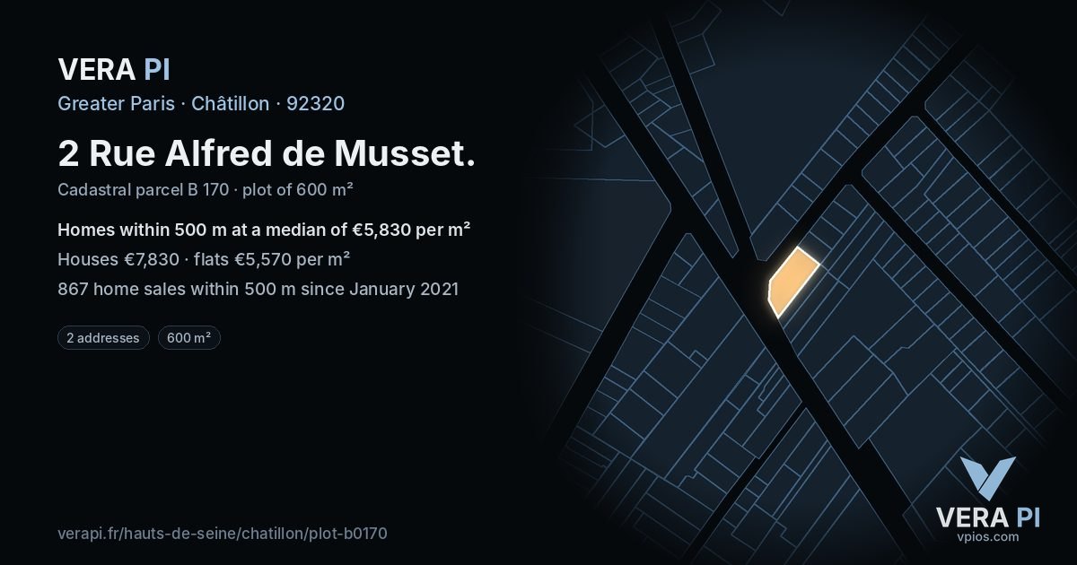 2 Rue Alfred de Musset, Châtillon at night – the plot lit, the parcels around coloured by the prices near them