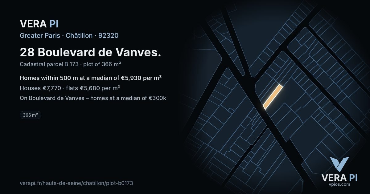 28 Boulevard de Vanves, Châtillon at night – the plot lit, the parcels around coloured by the prices near them