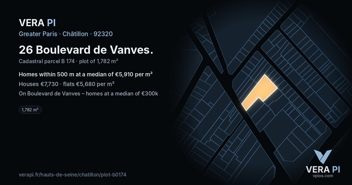 26 Boulevard de Vanves, Châtillon at night – the plot lit, the parcels around coloured by the prices near them
