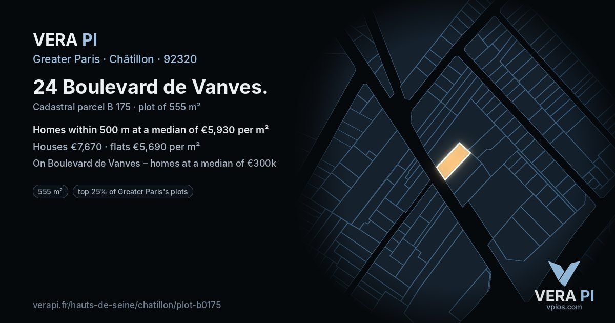 24 Boulevard de Vanves, Châtillon at night – the plot lit, the parcels around coloured by the prices near them