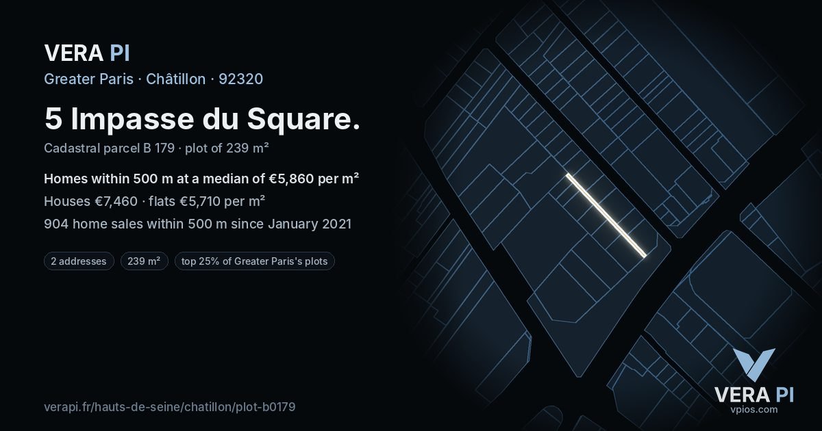5 Impasse du Square, Châtillon at night – the plot lit, the parcels around coloured by the prices near them