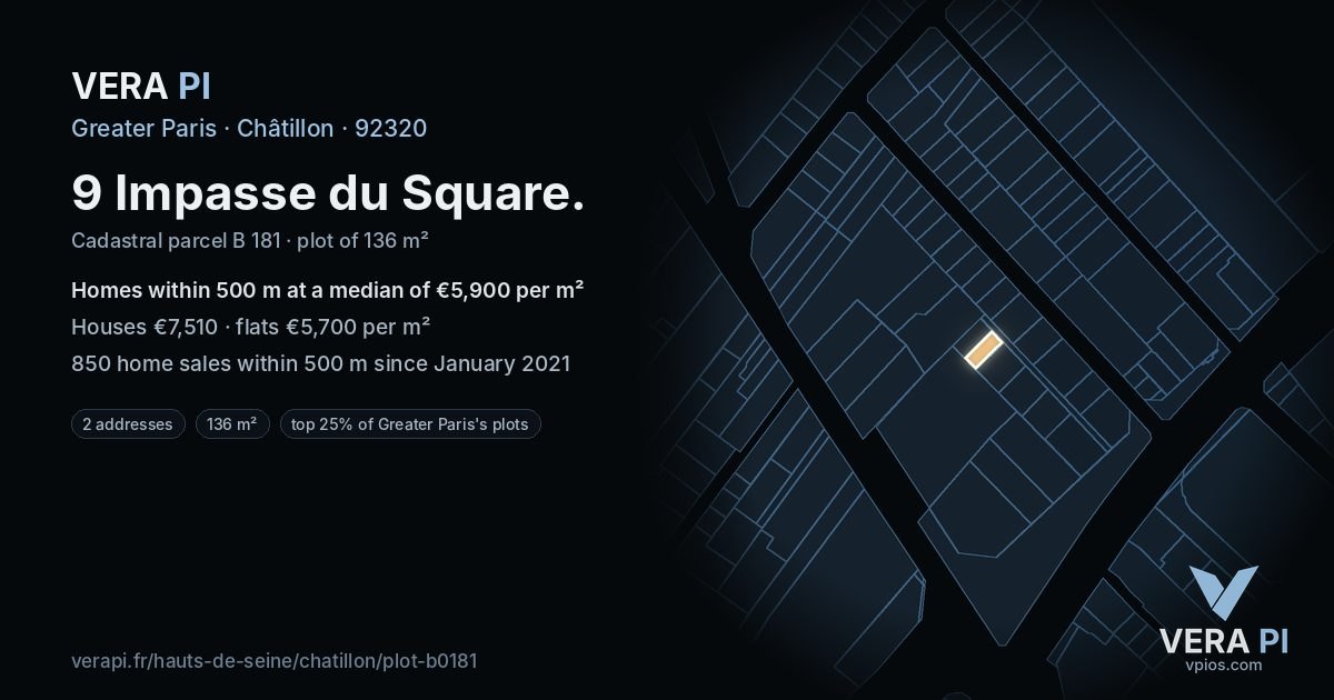 9 Impasse du Square, Châtillon at night – the plot lit, the parcels around coloured by the prices near them
