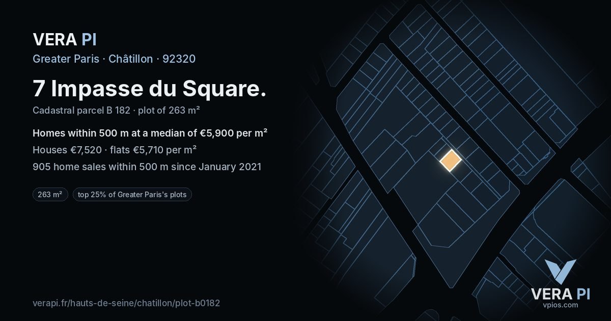 7 Impasse du Square, Châtillon at night – the plot lit, the parcels around coloured by the prices near them
