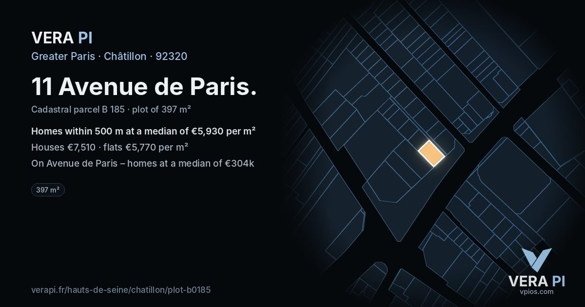 11 Avenue de Paris, Châtillon at night – the plot lit, the parcels around coloured by the prices near them