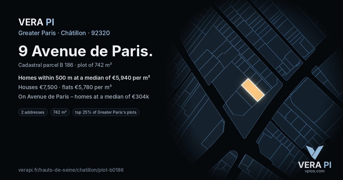 9 Avenue de Paris, Châtillon at night – the plot lit, the parcels around coloured by the prices near them