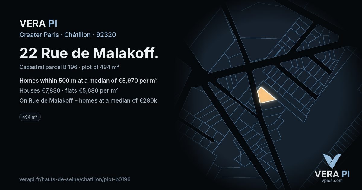 22 Rue de Malakoff, Châtillon at night – the plot lit, the parcels around coloured by the prices near them