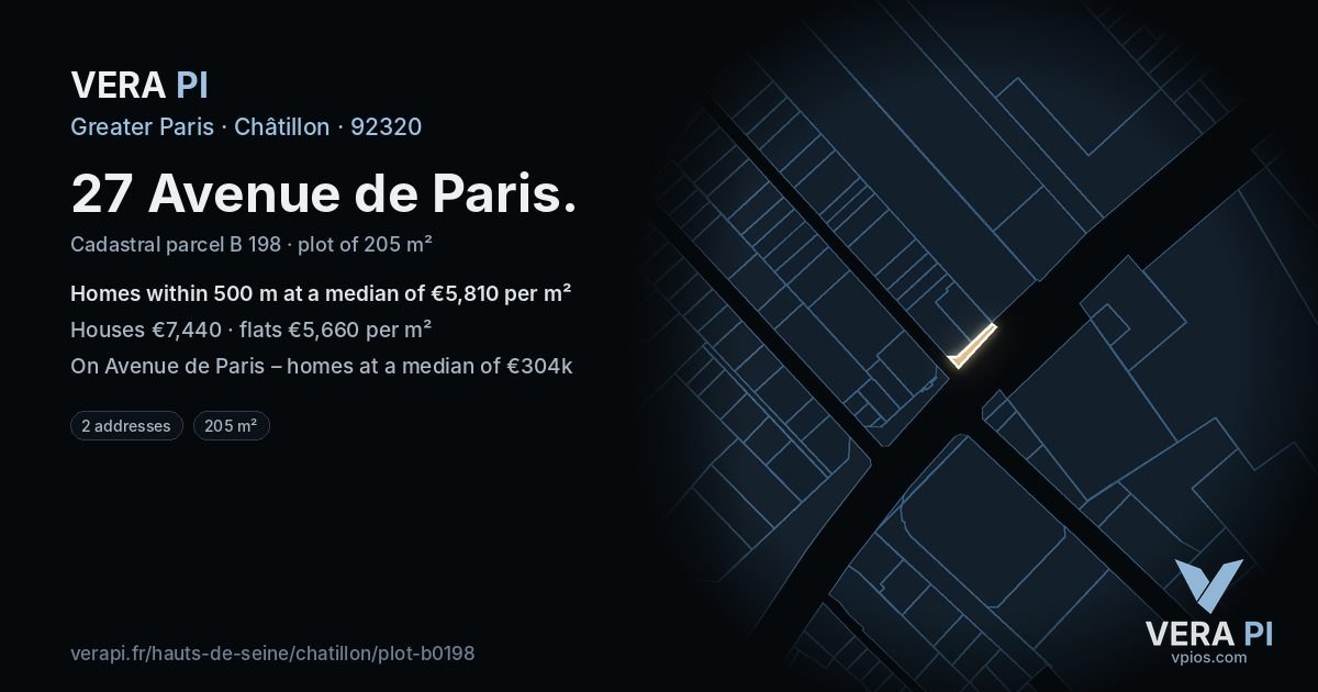 27 Avenue de Paris, Châtillon at night – the plot lit, the parcels around coloured by the prices near them