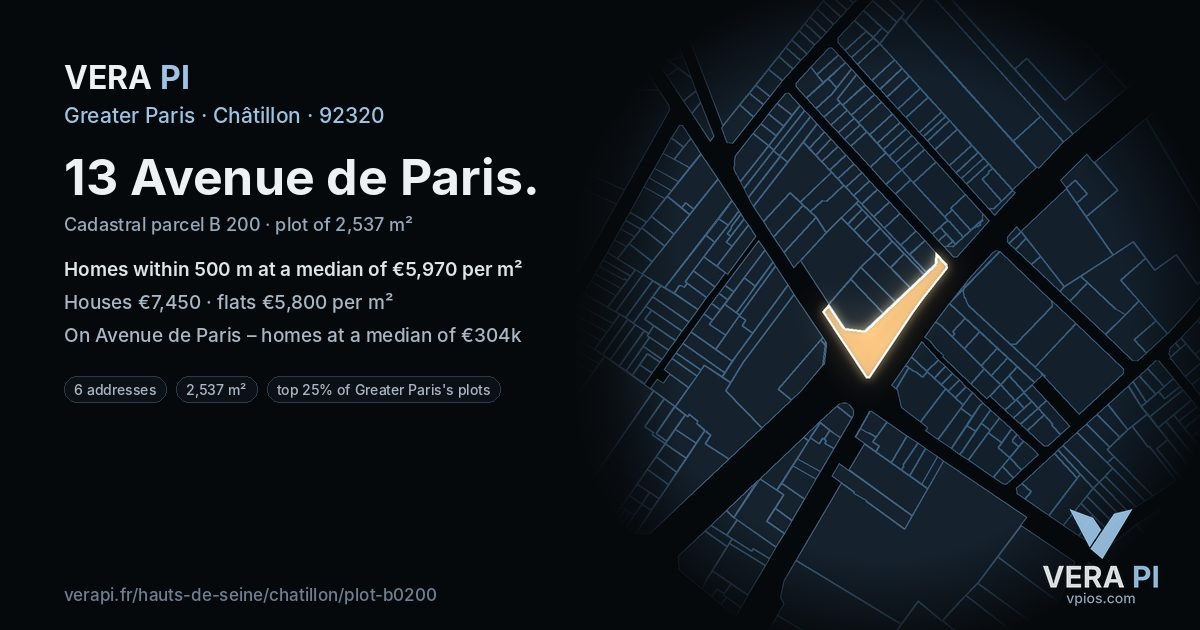 13 Avenue de Paris, Châtillon at night – the plot lit, the parcels around coloured by the prices near them