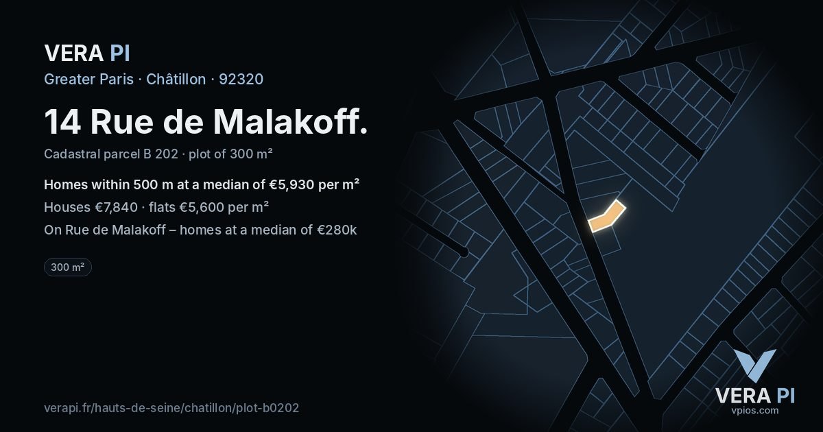 14 Rue de Malakoff, Châtillon at night – the plot lit, the parcels around coloured by the prices near them