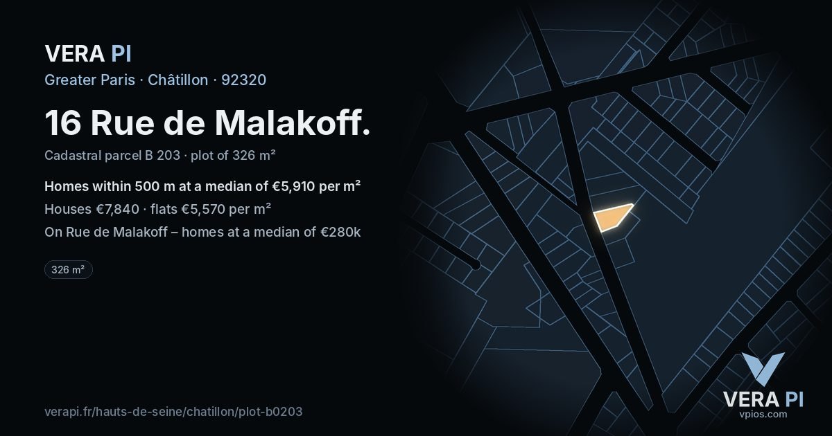 16 Rue de Malakoff, Châtillon at night – the plot lit, the parcels around coloured by the prices near them
