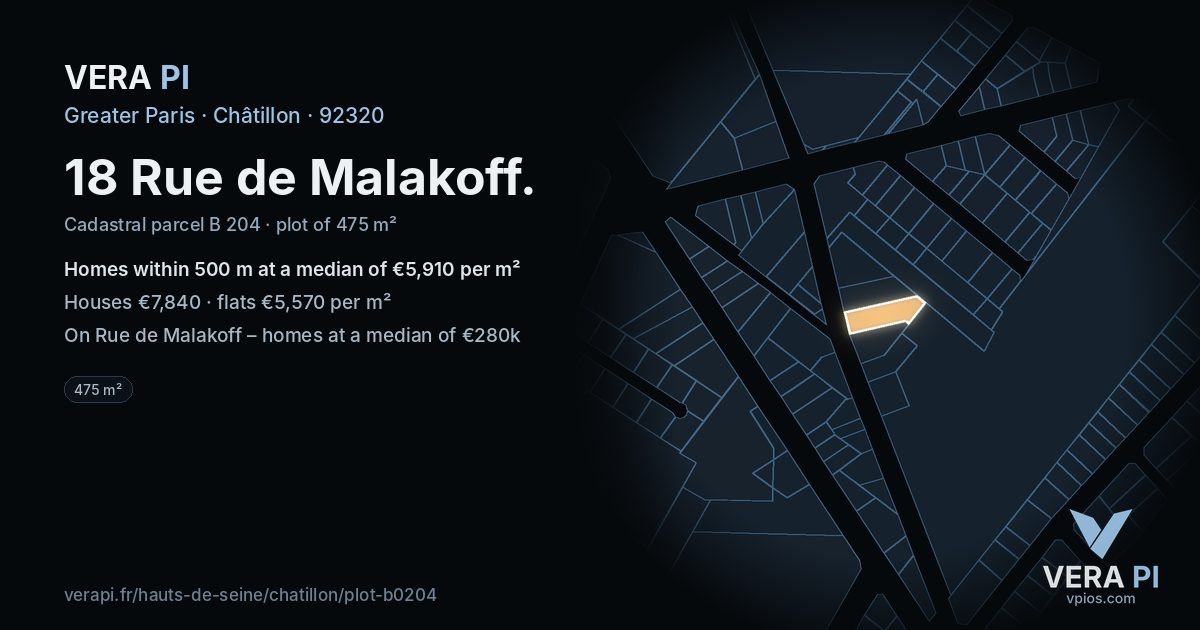 18 Rue de Malakoff, Châtillon at night – the plot lit, the parcels around coloured by the prices near them