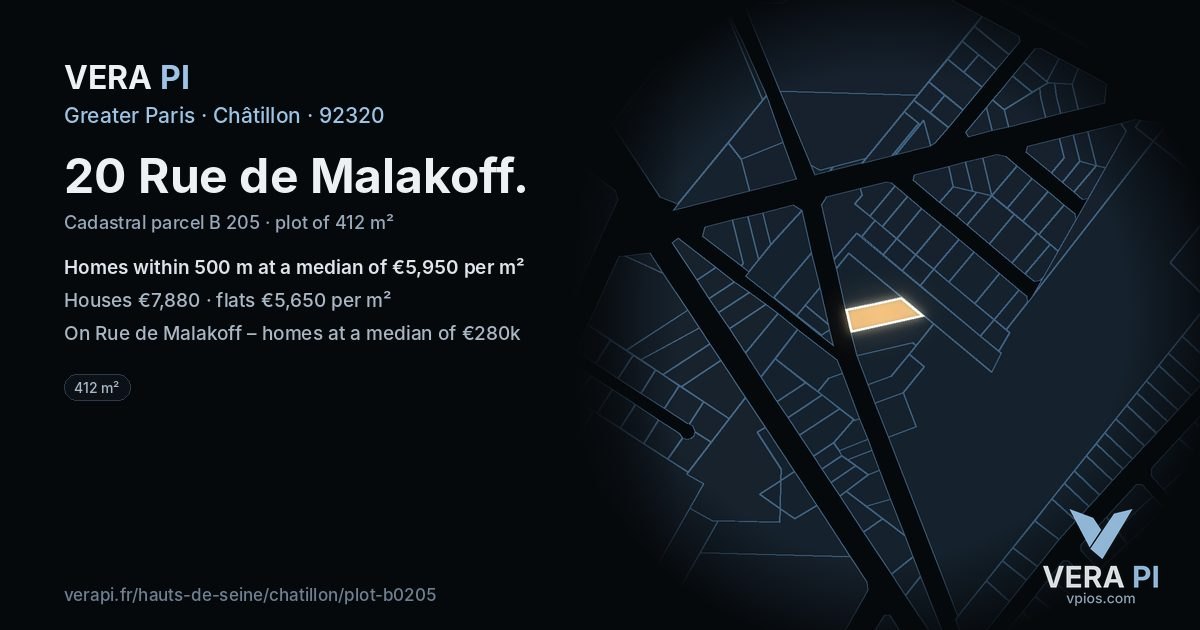 20 Rue de Malakoff, Châtillon at night – the plot lit, the parcels around coloured by the prices near them