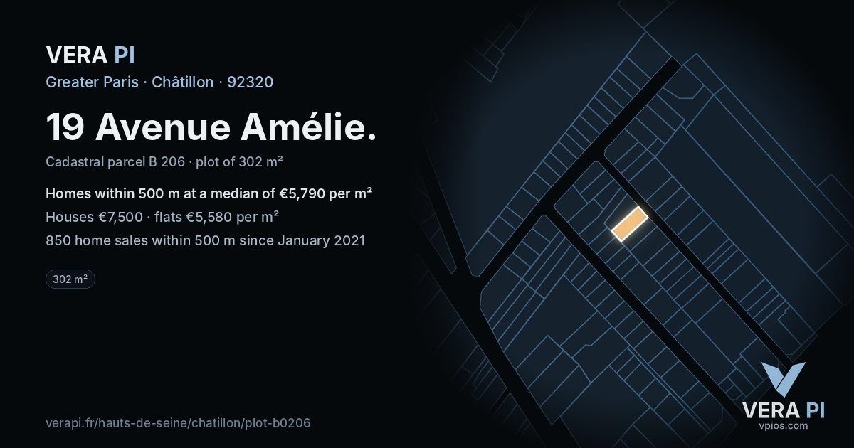 19 Avenue Amélie, Châtillon at night – the plot lit, the parcels around coloured by the prices near them