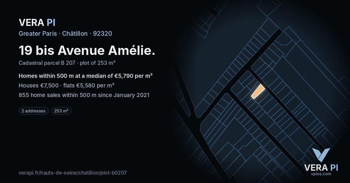 19 bis Avenue Amélie, Châtillon at night – the plot lit, the parcels around coloured by the prices near them
