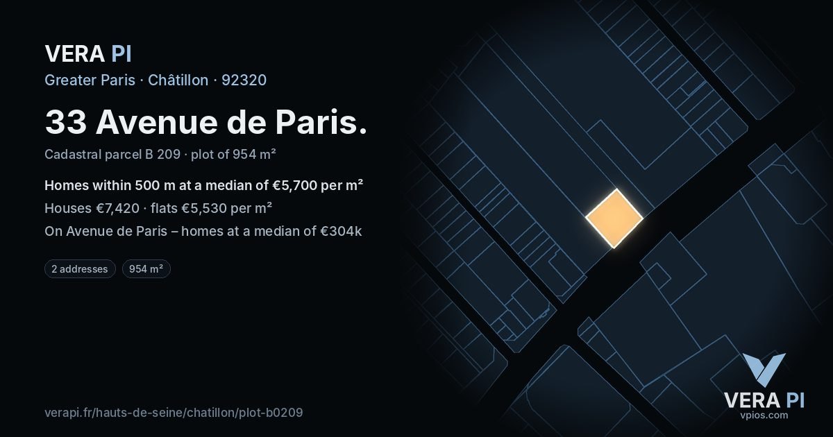33 Avenue de Paris, Châtillon at night – the plot lit, the parcels around coloured by the prices near them