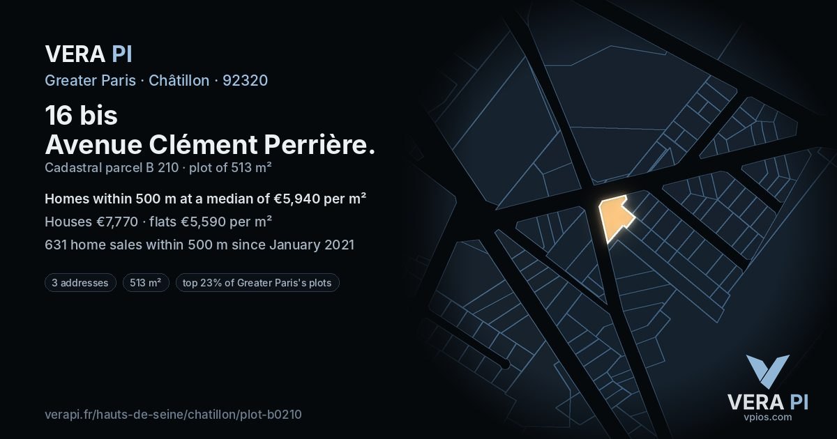 16 bis Avenue Clément Perrière, Châtillon at night – the plot lit, the parcels around coloured by the prices near them