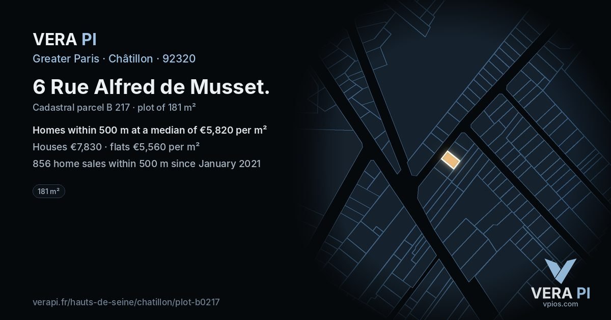 6 Rue Alfred de Musset, Châtillon at night – the plot lit, the parcels around coloured by the prices near them