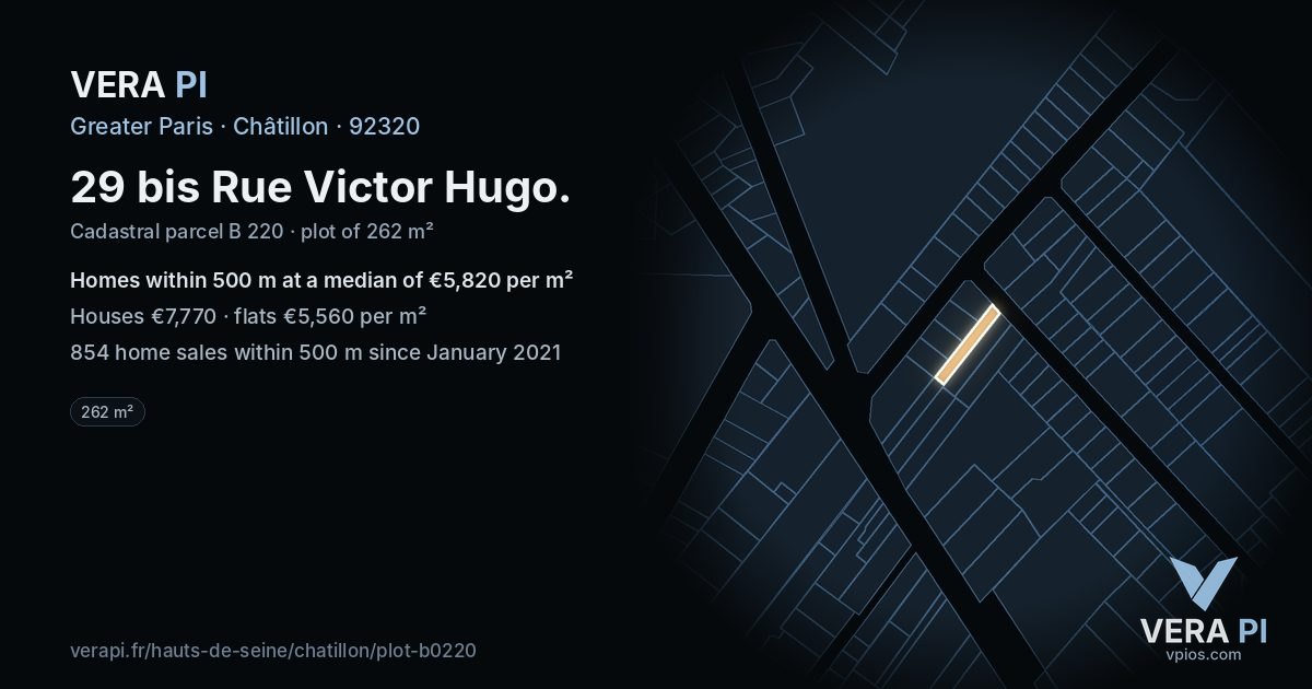 29 bis Rue Victor Hugo, Châtillon at night – the plot lit, the parcels around coloured by the prices near them