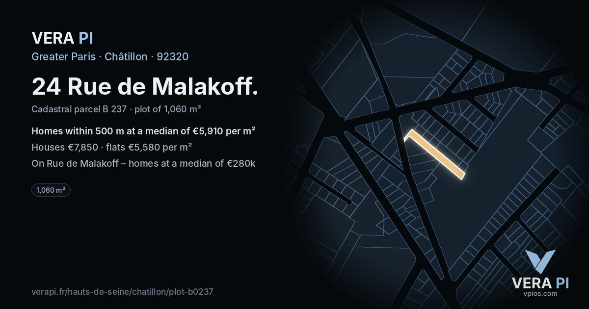 24 Rue de Malakoff, Châtillon at night – the plot lit, the parcels around coloured by the prices near them
