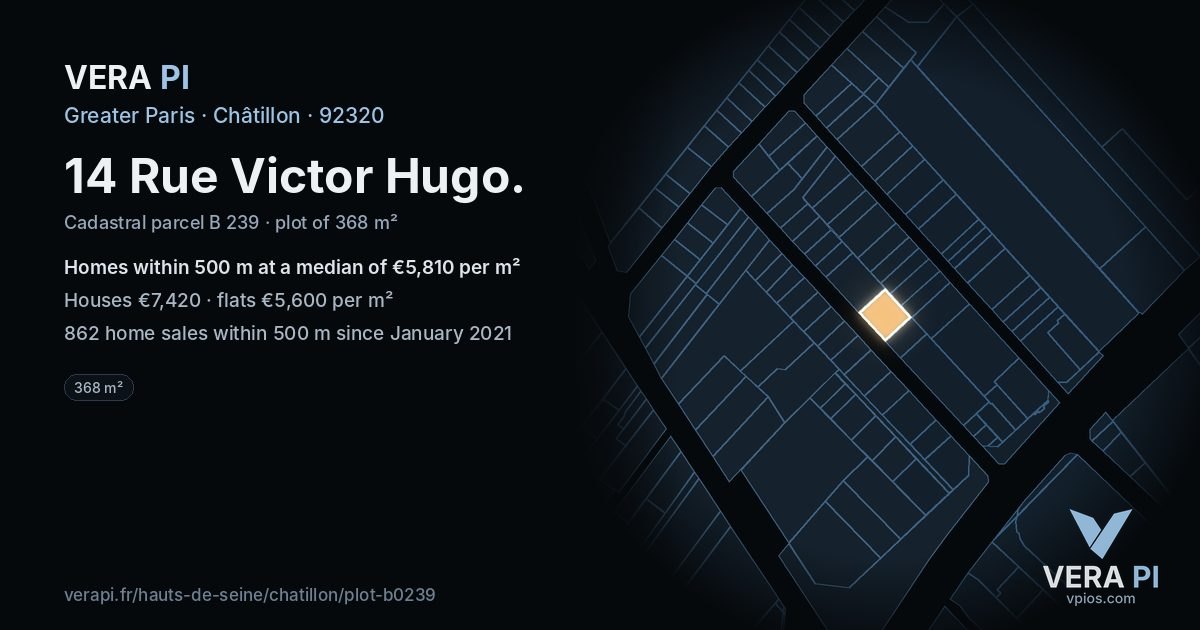 14 Rue Victor Hugo, Châtillon at night – the plot lit, the parcels around coloured by the prices near them