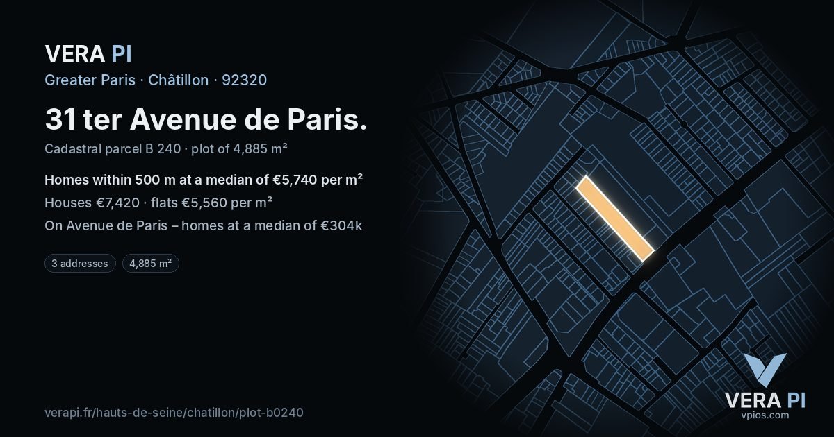 31 ter Avenue de Paris, Châtillon at night – the plot lit, the parcels around coloured by the prices near them